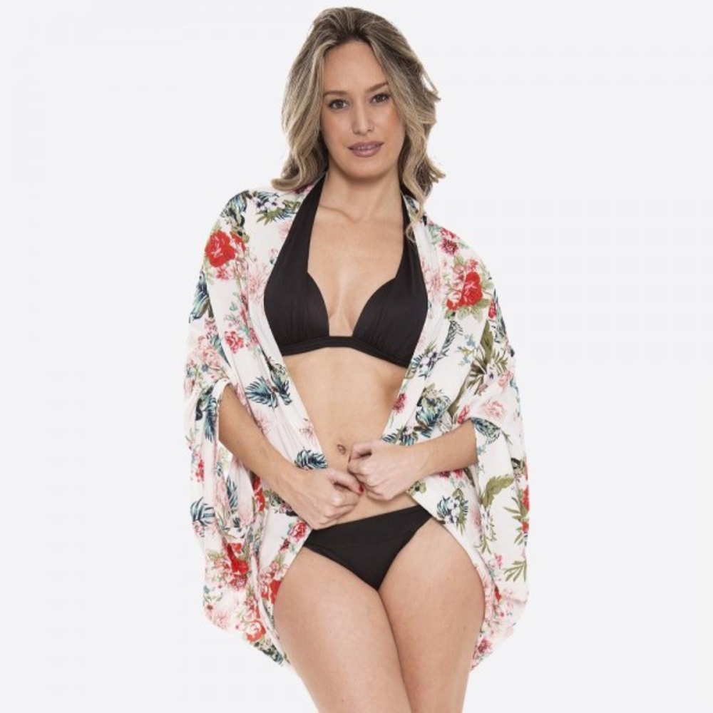 Women boho cream floral round hem kimono cover up